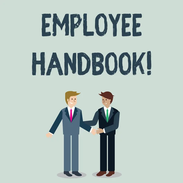 Writing note showing Employee Handbook. Business photo showcasing states the rules and regulations and policies of a company Businessmen Smiling and Greeting each other by Handshaking.