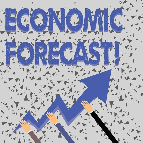 Word writing text Economic Forecast. Business concept for attempting to predict the future condition of the economy Three Hands Holding Colorful Zigzag Lightning Arrow Pointing and Going Up.