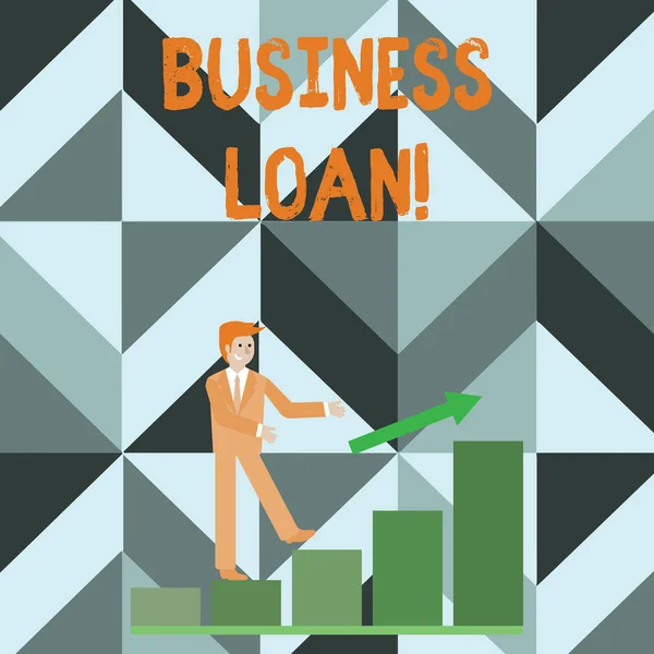 Writing note showing Business Loan. Business photo showcasing Loans provided to small businesses for various purposes Smiling Businessman Climbing Bar Chart Following an Arrow Up.