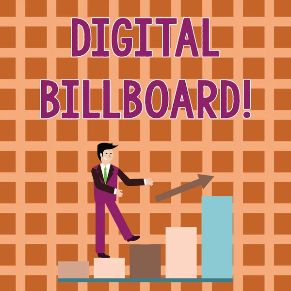 Slovo psaní textu Digitální billboard. Obchodní koncept pro billboard, který zobrazuje digitální snímky pro reklamu Usmívající se podnikatel Horolezectví Barevný sloupcový graf Po šipce nahoru. — Stock fotografie