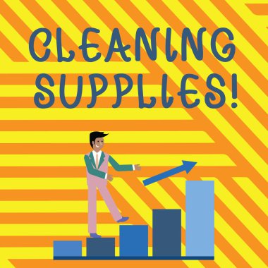 Kelime Yazısı Temizlik Malzemeleri. Maddeler için iş konsepti genellikle toprak ve tozu kaldırmak için kullanılan sıvılar Gülümseyen İşadamı Renkli Çubuk Çizelgesine tırmanırken.