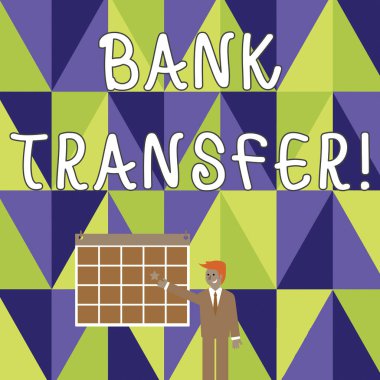 Banka Transferini gösteren not yazılıyor. Para bir banka hesabından diğer bir iş adamına gönderilirken çekilmiş bir fotoğraf sergisi. Gülümseyen ve Star 'la İşaret Takvimi.