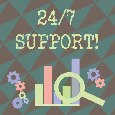 24 ya da 7 Desteği gösteren bir not yazıyorum. İş fotoğraflarının gösterimi haftanın yedi günü 24 saat, müşteri desteğinde. Çarklı Tekerlek Vites Analizi Listesinde Büyüteç.