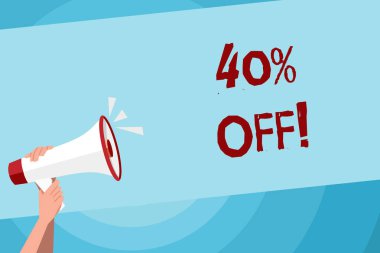 Yüzde 40 Kapalı'yı gösteren metin işareti. Kavramsal fotoğraf Ses Simgesi ve Boş Metin Alanı ile Sıkıca Bir Megafon Tutan bir ürünün orijinal fiyatı nda yüzde 40 azalma.