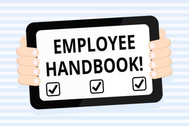 Çalışan El Kitabı 'nı gösteren bir not yazıyorum. İş fotoğrafı sergisi Renk Tableti Smartphone şirketinin Gadget 'ın Elde Tutulan Kolu ile ilgili kural ve düzenlemelerini ve politikalarını belirtiyor.