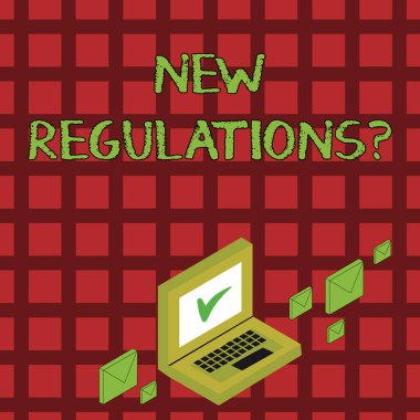 El yazısı metin Yeni Düzenlemeler soru. Kavram anlamı kuralları bir şey Monitör Ekranında Onay İşareti simgesi ile Laptop etrafında Renkli Posta Zarfları yapılır şekilde kontrol etmek için hükümet sipariş yaptı.