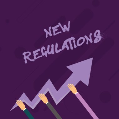 Kelime yazma metni Yeni Yönetmelik sorusu. Bir şeyin yapılış şeklini kontrol etmek için hükümete emir veren iş konsepti Üç El Tutuşlu Renkli Zigzag Yıldırım Oku İşaret ve Yukarı Gidiş.