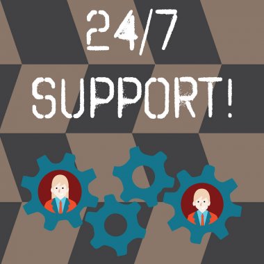 El yazısı metin 24 Veya 7 Destek. Konsept anlamı yirmidört saat haftada yedi gün müşteri ye destek İki İş Adamları Her Inside Renkli Dişli Dişliler Teamwork Olay için.