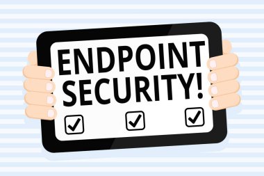 Endpoint Güvenlik 'i gösteren bir not yazıyorum. Şirket ağı Renk Tableti Smartphone 'u Gadget' ın Elle Tutulan Arkası ile koruma yöntemini gösteren iş fotoğrafı.