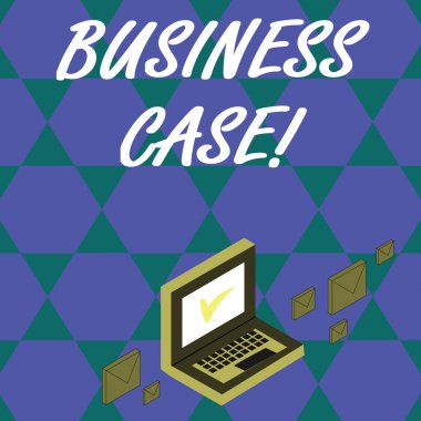 El yazısı metin İş Case. Kavram anlamı, Monitör Ekranında Onay İşareti simgesi yle Dizüstü Bilgisayar çevresinde bir proje veya program Renkli Posta Zarfları üstlenmek için gerekçe sağlar.