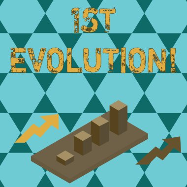1. Evrim'i gösteren bir metin işareti. Kavramsal fotoğraf Biyolojik popülasyonların genetik özelliklerinde değişiklik Renkli Kümelenmiş 3d Çubuk Grafik Diyagramı Perspektifte İki Okla.