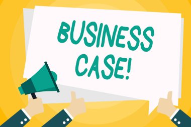 İş Durumu'nun gösterilmesini gösteren metin işareti. Kavramsal fotoğraf metin balonu ile bir proje veya program El Holding Megafon ve Diğer İki Gesturing Thumbs Up taahhüt için gerekçe sağlar.