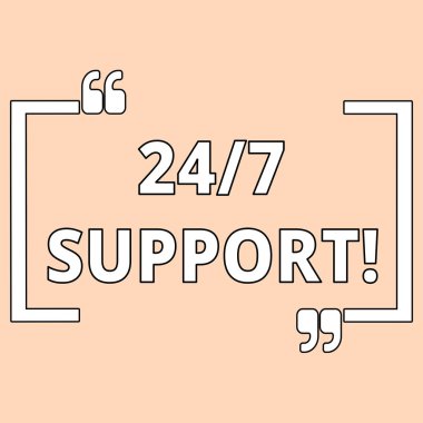 24 ya da 7 Desteği gösteren bir not yazıyorum. Haftanın 24 saati iş fotoğraflarının gösterimi. Haftanın 7 günü Pembe Pembeli Müşteriye Davet ya da Kadın Temalı Duyuru İçin Destek.