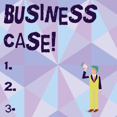 İş Vakası'nı gösteren kavramsal el yazısı. İş fotoğraf vitrin bir proje veya program İşadamı Looking Up, Holding ve Megaphone Üzerinde Talking üstlenmek için gerekçe sağlar.