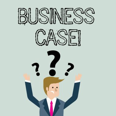 El yazısı metin İş Case. Kavram anlamı başının üstünde soru işaretleri ile her iki silah yükselterek bir proje veya program Confused İşadamı üstlenmek için gerekçe sağlar.