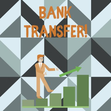Banka Transferini gösteren not yazılıyor. Para bir banka hesabından diğerine gönderilirken fotoğrafın gösterilmesi Gülümseyen İşadamı Bir Ok Sonrası Tırmanma Çubuğu Çizelgesi.