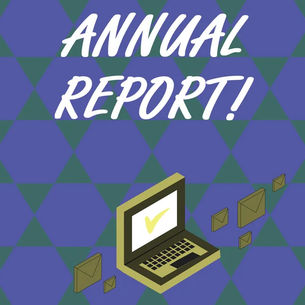 Handwriting text Annual Report. Concept meaning financial summary of a company s is activities during the year Color Mail Envelopes around Laptop with Check Mark icon on Monitor Screen. — Stock Photo, Image