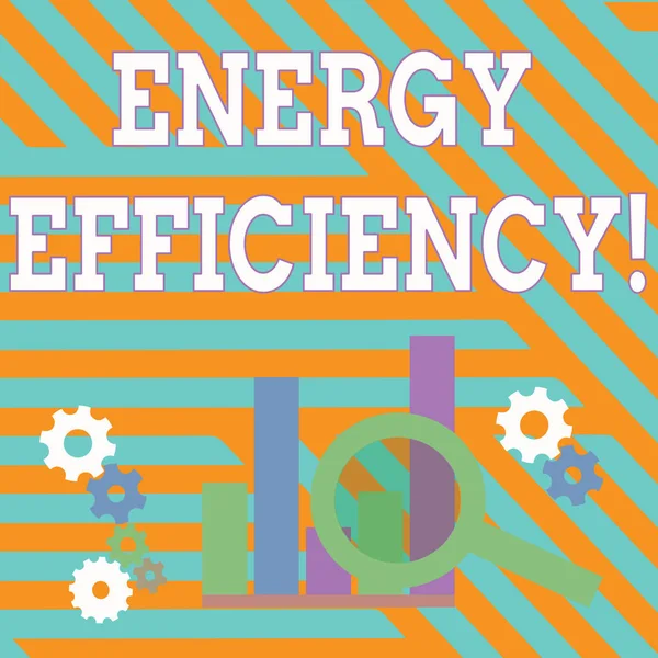 Texte montrant l'efficacité énergétique. La photo conceptuelle réduit la quantité d'énergie requise pour fournir le produit Magnifying Glass Over Bar Column Chart à côté des engrenages de roue dentée pour l'analyse . — Photo