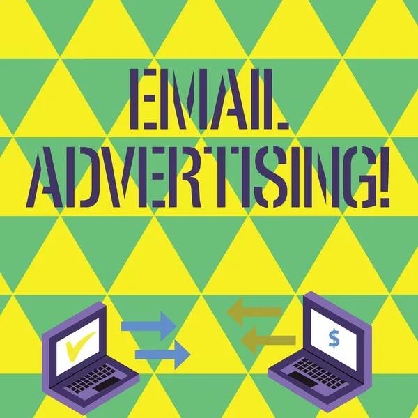 Handwriting text writing Email Advertising. Concept meaning act of sending a commercial message to target market Exchange Arrow Icons Between Two Laptop with Currency Sign and Check Icons.