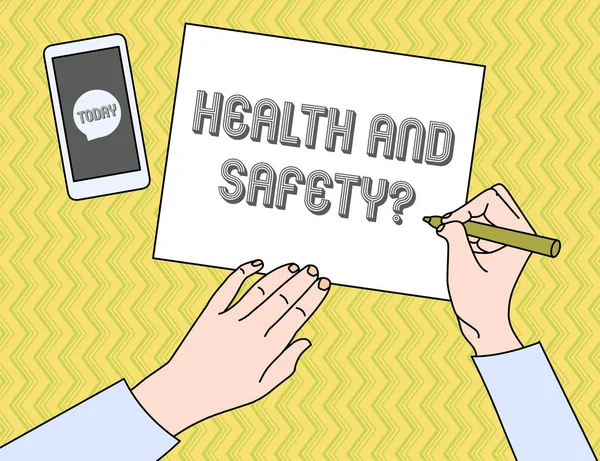 Writing note showing Health And Safety question. Business photo showcasing regulations and procedures intended to prevent accident.