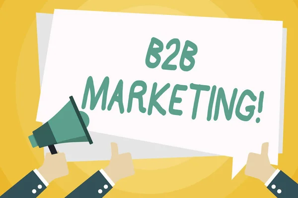 Text sign showing B2B Marketing. Conceptual photo marketing of products to businesses or other organizations Hand Holding Megaphone and Other Two Gesturing Thumbs Up with Text Balloon.
