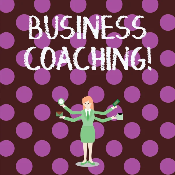 Word Writing Text Business Coaching. Geschäftskonzept zur Unterstützung und gelegentlichen Beratung einer einzelnen Unternehmerin mit vier seitlich ausgestreckten Armen, die benötigte Artikel hält. — Stockfoto