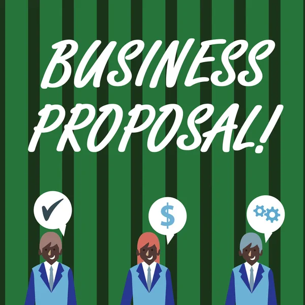 Text sign showing Business Proposal. Conceptual photo written offer from a seller to a prospective buyer Businessmen Each has their Own Speech Bubble with Optimization Cost Icons.