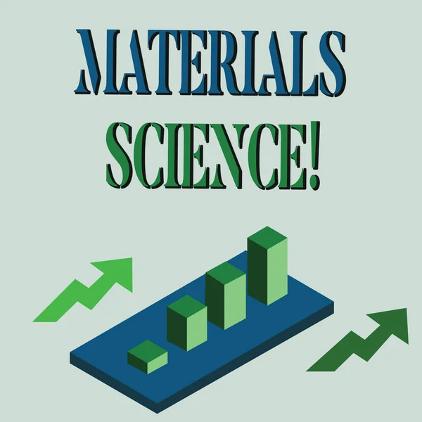 Texto para escrita de palavras Materials Science. Conceito de negócio para campo interdisciplinar envolvendo as propriedades da matéria Gráfico Gráfico Gráfico de Gráfico de Barras 3D Agrupado Colorido em Perspectiva com Duas Setas . — Fotografia de Stock