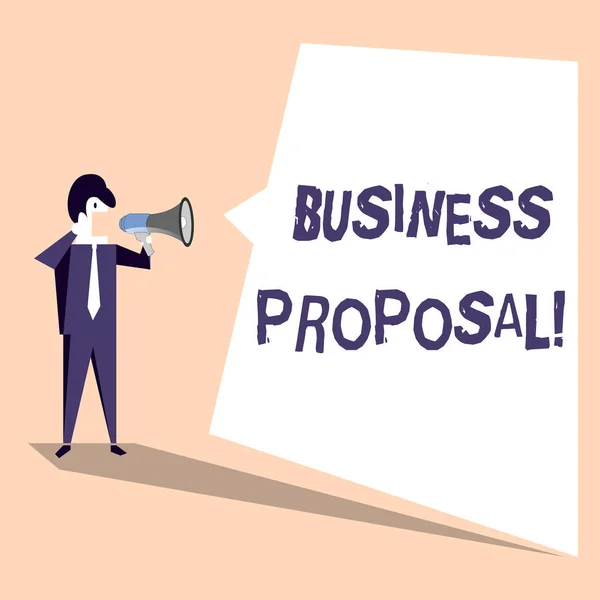 Handwriting text Business Proposal. Concept meaning written offer from a seller to a prospective buyer Businessman Shouting on Megaphone and Blank White Uneven Shape Speech Bubble.