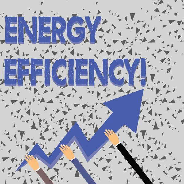 Textschreiben Energieeffizienz. Business-Konzept zur Verringerung der Menge an Energie, die benötigt wird, um Produkt drei Hände halten bunte Zickzack-Pfeil zeigen und nach oben. — Stockfoto
