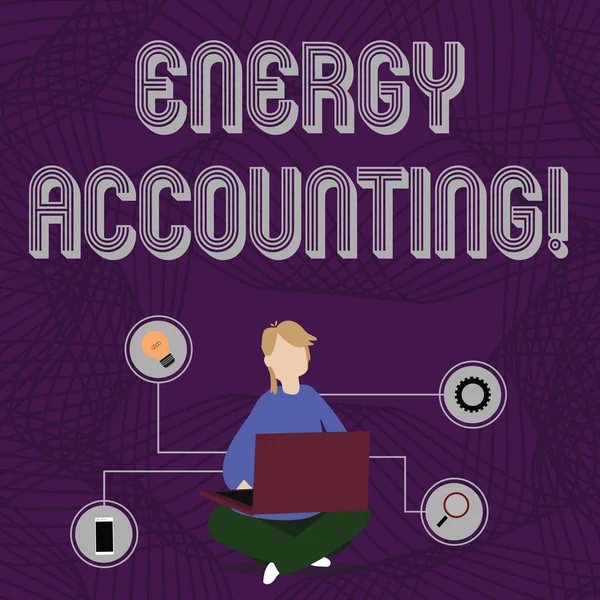 Word writing text Energy Accounting. Business concept for measure and report the energy consumption of activities Woman Sitting Crossed Legs on Floor Browsing the Laptop with Technical Icons.