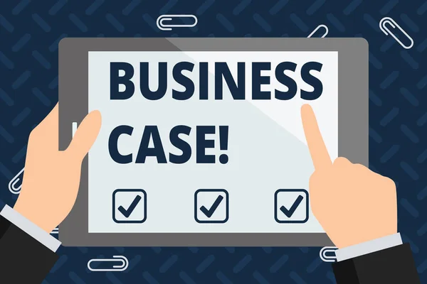 Text sign showing Business Case. Conceptual photo provides justification for undertaking a project or program Businessman Hand Holding, Pointing and Touching Colorful Tablet Blank Screen.