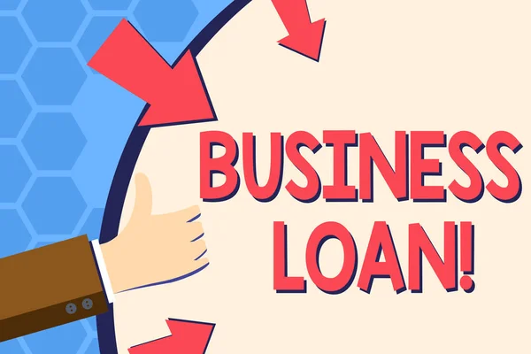 Writing note showing Business Loan. Business photo showcasing Loans provided to small businesses for various purposes Hand Gesturing Thumbs Up Holding on Round Shape with Arrows. — 스톡 사진