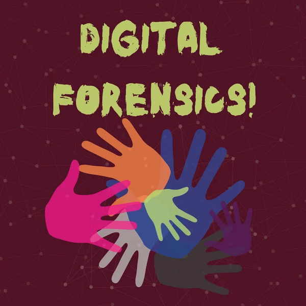 Tekst pisma ręcznego Digital forensics. Koncepcja oznaczająca badanie materiału znaleziona w urządzeniach cyfrowych kolorowe znaki strony różnej wielkości nakładające się na pracę zespołową i kreatywność. — Zdjęcie stockowe