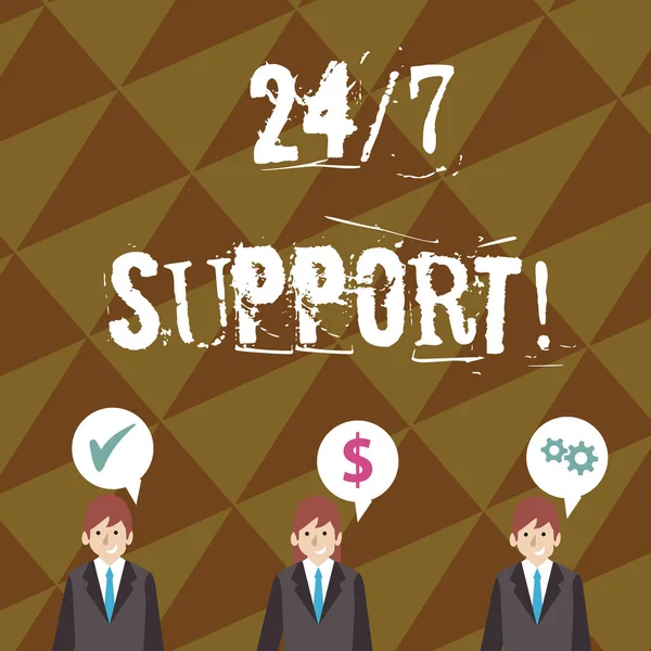 Writing note showing 24 Or 7 Support. Business photo showcasing twentyfour hours seven days a week support to client Businessmen has Speech Bubble with Optimization Cost Icons. — 스톡 사진