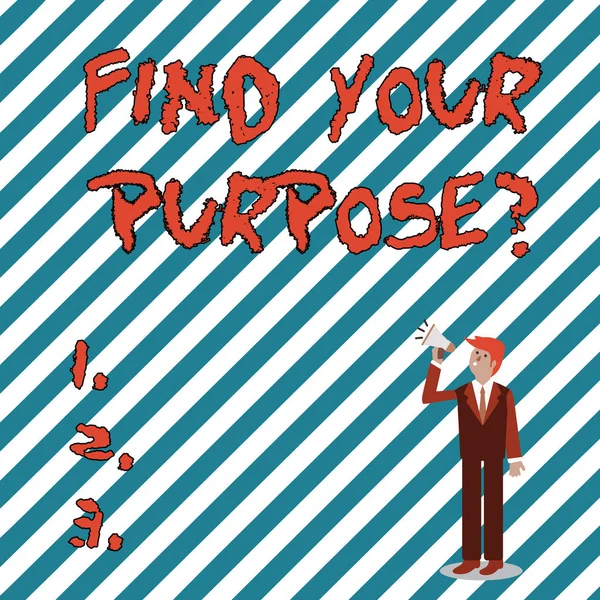 Writing note showing Find Your Purpose question. Business photo showcasing reason for something is done or for which exists Businessman Looking Up, Holding and Talking on Megaphone. — 스톡 사진