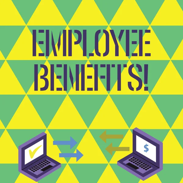 Handwriting text writing Employee Benefits. Concept meaning payments made to employees beyond the scope of wages Exchange Arrow Icons Between Two Laptop with Currency Sign and Check Icons.
