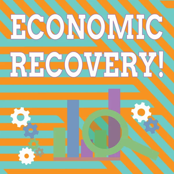 Text sign showing Economic Recovery. Conceptual photo rise of business activity signaling the end of a recession Magnifying Glass Over Bar Column Chart beside Cog Wheel Gears for Analysis. — Stock Photo, Image