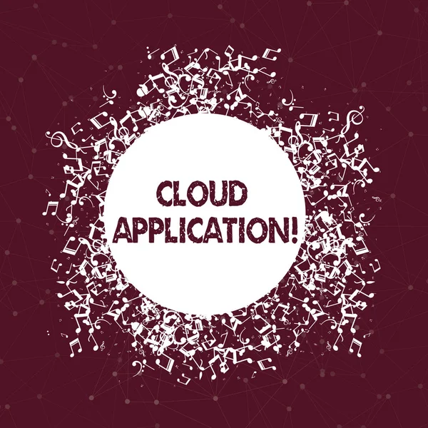Text sign showing Cloud Application. Conceptual photo the software program where cloud computing works Disarrayed and Jumbled Musical Notes Icon Surrounding Blank Colorful Circle.