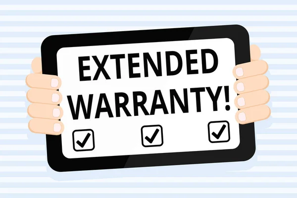 Writing note showing Extended Warranty. Business photo showcasing contract which gives a prolonged warranty to consumers Color Tablet Smartphone with Screen Handheld Back of Gadget.