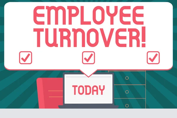 Handwriting text writing Employee Turnover. Concept meaning the percentage of workers who leave an organization Blank Huge Speech Bubble Pointing to White Laptop Screen in Workspace Idea.