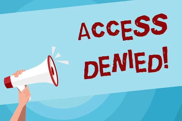 Text sign showing Access Denied. Conceptual photo error message shown when you do not have access rights Human Hand Holding Tightly a Megaphone with Sound Icon and Blank Text Space. — 스톡 사진