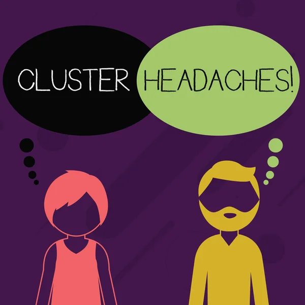 Texto de escritura de palabras Cefaleas en racimo. Concepto de negocio para el dolor intenso en o alrededor de un ojo en un lado de la cabeza Hombre barbudo y mujer Perfil sin rostro con burbuja de pensamiento colorido en blanco . — Foto de Stock