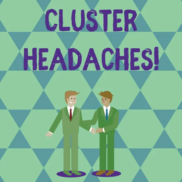 Kézírás-szöveg cluster fejfájás. Koncepció értelmében erős fájdalom vagy egy szem körül az egyik oldalon a fej két üzletember állva, mosolyogva és üdvözlés egymást kézfogás. — Stock Fotó