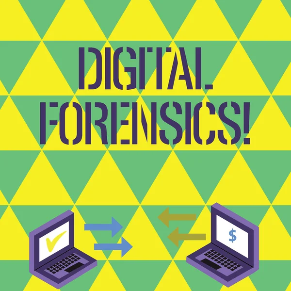 Handwriting text writing Digital Forensics. Concept meaning investigation of material found in digital devices Exchange Arrow Icons Between Two Laptop with Currency Sign and Check Icons.