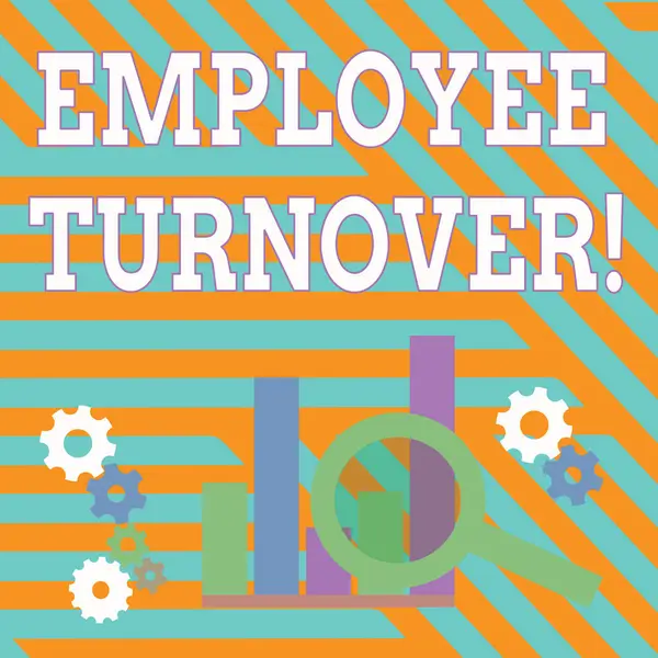 Text sign showing Employee Turnover. Conceptual photo the percentage of workers who leave an organization Magnifying Glass Over Bar Column Chart beside Cog Wheel Gears for Analysis. — 스톡 사진