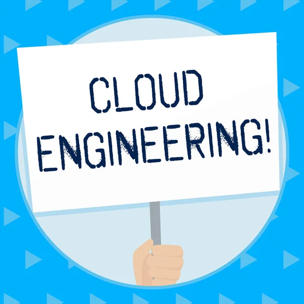 Word writing text Cloud Engineering. Business concept for application of engineering disciplines to cloud computing Hand Holding Blank White Placard Supported by Handle for Social Awareness.