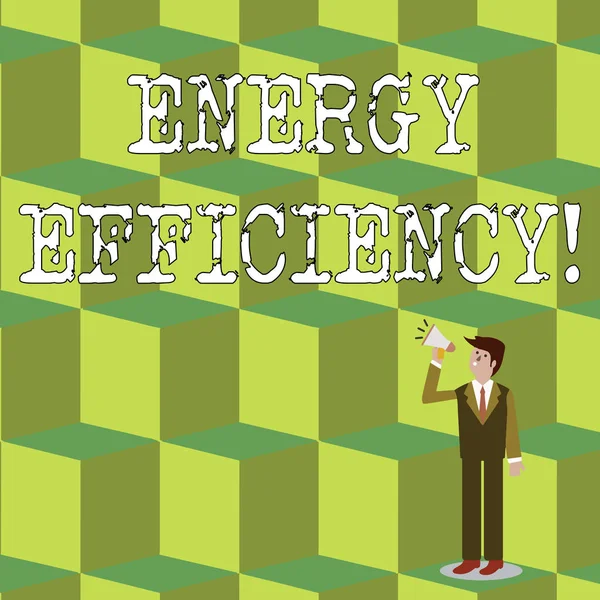 Tekst pisma ręcznego efektywność energetyczna. Pojęcie znaczenie zmniejszenie ilości energii wymaganej do dostarczenia produktu biznesmen patrząc w górę, trzymając i rozmawiając na megaphone z ikoną głośności. — Zdjęcie stockowe