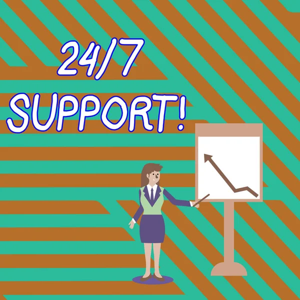 Word writing text 24 Or 7 Support. Business concept for twentyfour hours seven days a week support to client Businesswoman Holding Stick Pointing to Chart of Arrow Upward on Whiteboard. — 스톡 사진