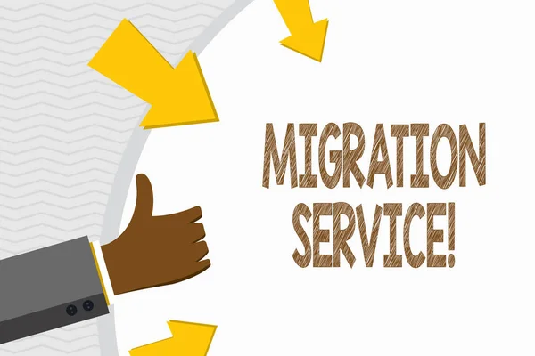 Conceptual hand writing showing Migration Service. Business photo text moving of company data to a cloud service providers Hand Gesturing Thumbs Up and Holding Round Shape with Arrows. — 스톡 사진